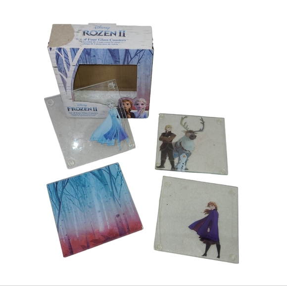 Disney Frozen II Glass Drink Coasters 4 Set Elsa - Anna - Kristoff w/ Sven w/Box - Picture 1 of 16
